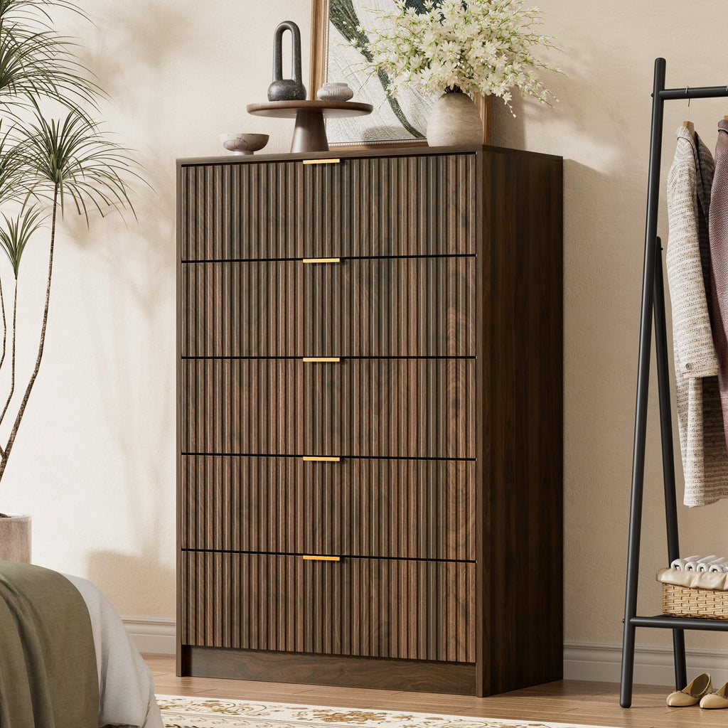 Walnut 5 Drawer Dresser, 47.2" Tall Fluted Wood Dresser