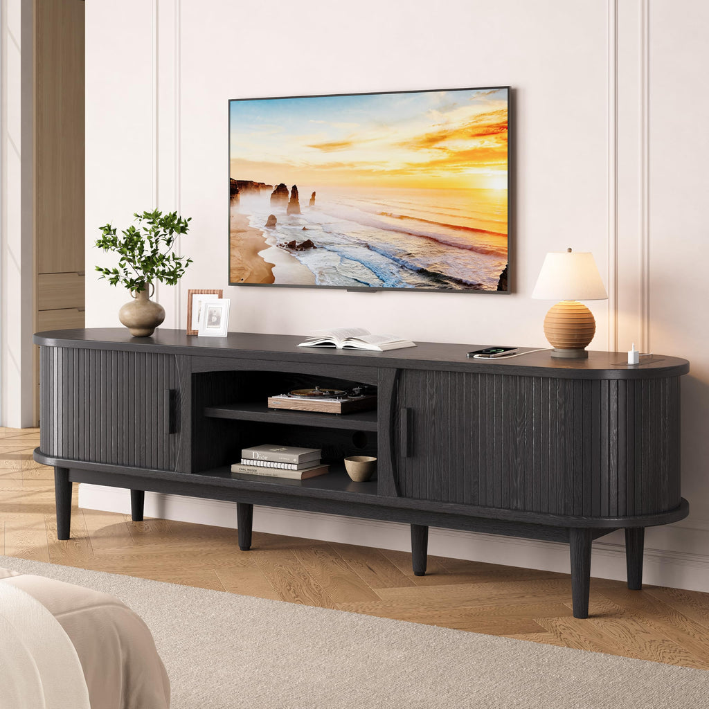 69" Fluted TV Stand for TVs Up to 80" with Charging Station, Black