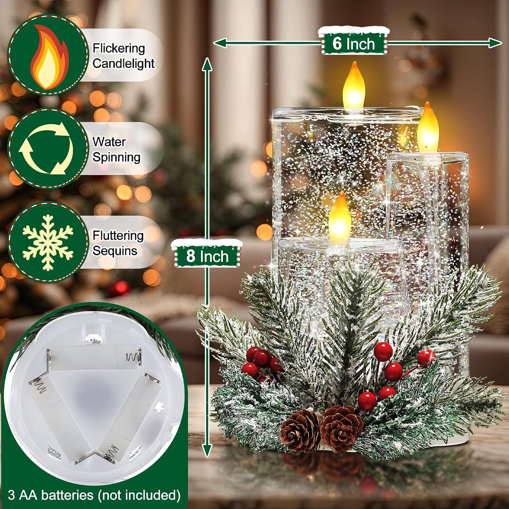 Christmas Snow Globe Flameless Candle, LED Lighted Electric Snow Globe with Spinning Glitter, Christmas Candles