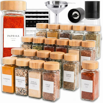Glass Spice Jars with Label, 24PK Bamboo Jar Spices Set 4oz, 374 Spice Labels, Pepper Grinder, Empty Herb Seasoning