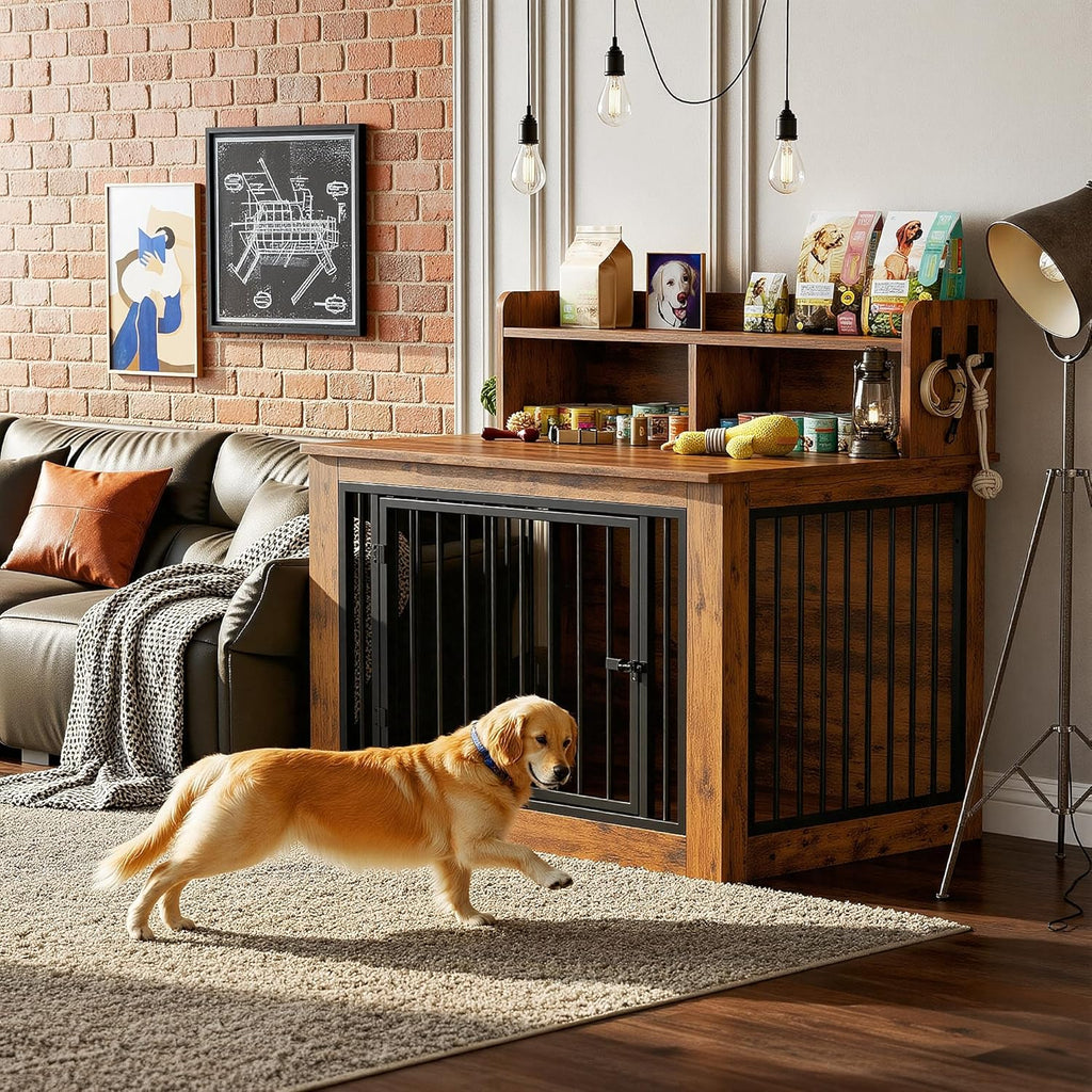 Extra Large Dog Crate Furniture, 43.3 inches Wooden Dog Crate with Storage and 4 Hooks