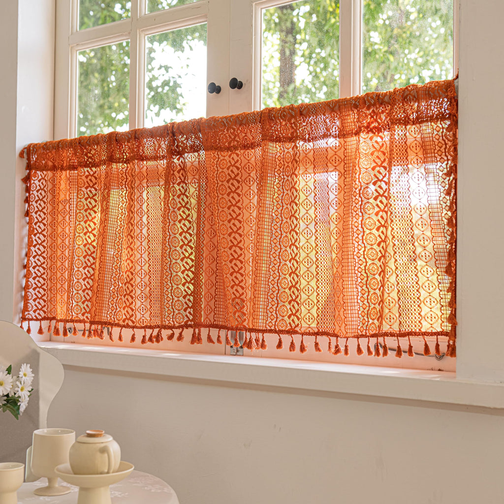 Boho Valance Short Curtains Crochet Lace Sheer Bohemian Hollow Knitted with Tassels, Privacy Vintage Rustic Farmhouse