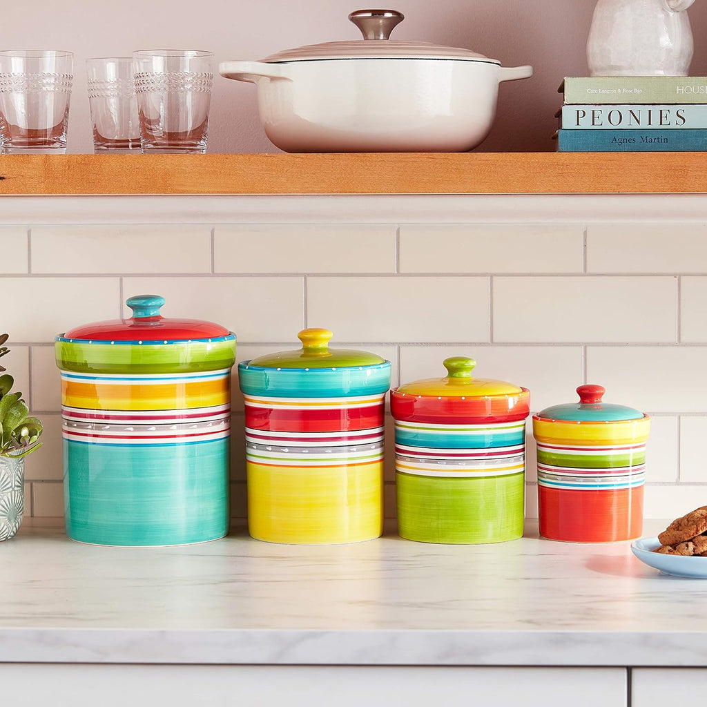 Mariachi 4-Piece Ceramic Kitchen Canister Set - Airtight Colorful Striped Storage Jars with Lids, 24 to 128 oz