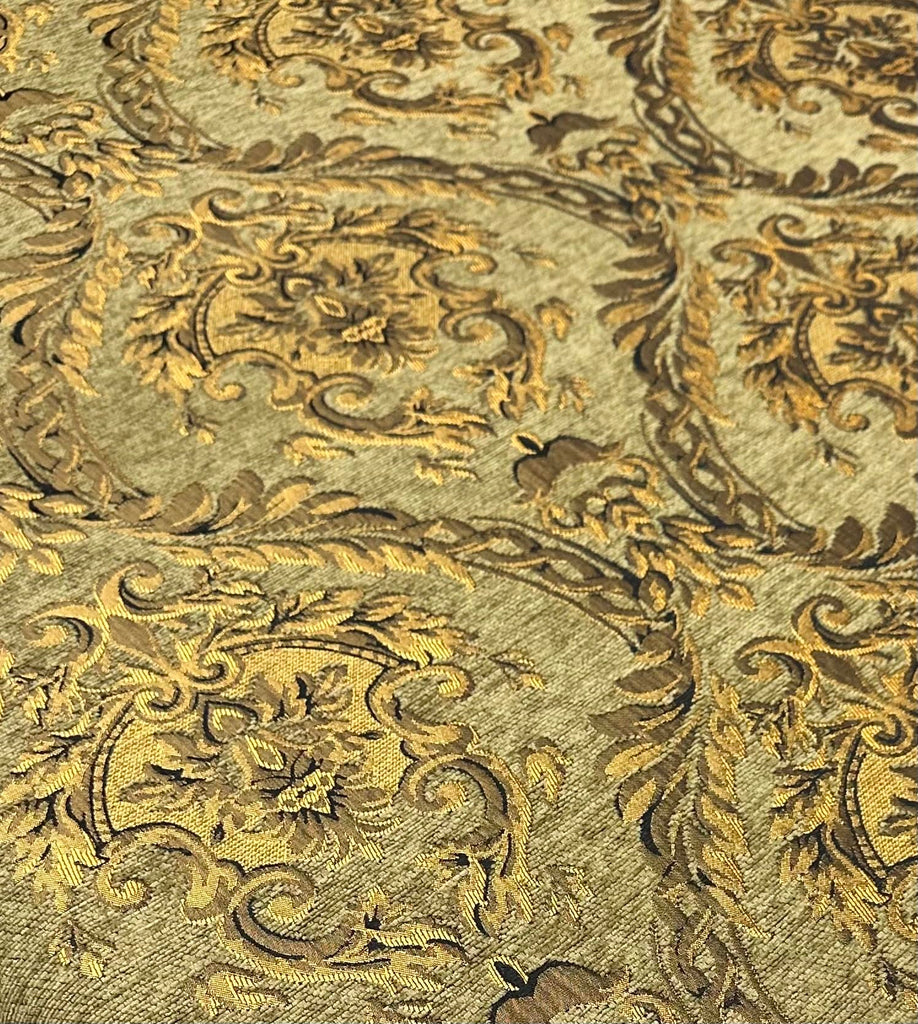 Luxury Chenille Upholstery Fabric by The Yard, Gold Olive Damask Pattern, Heavyweight Soft Durable Fabric for Sofa