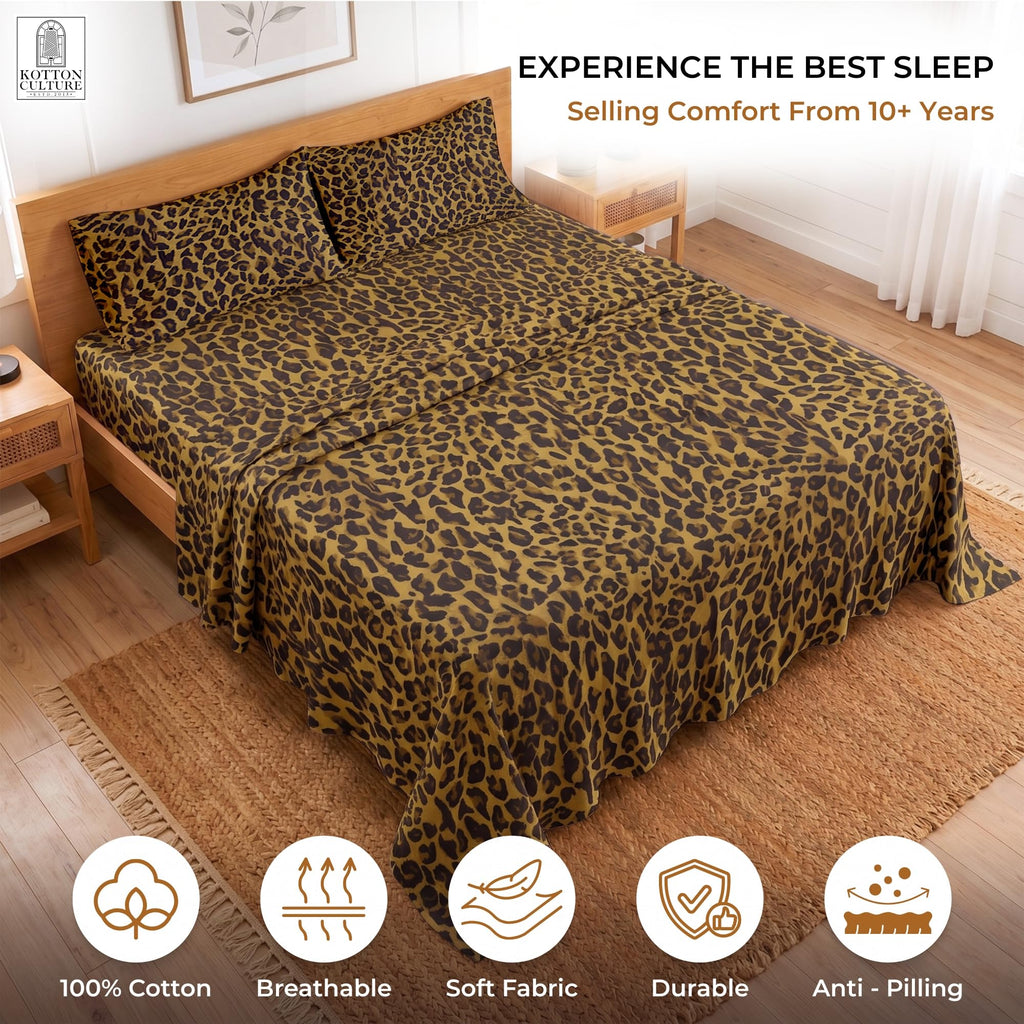 Bed Sheets 4 Piece 600 Thread Count 100% Egyptian Cotton Cheetah Animal Print-Soft Cooling Cotton Luxury Hotel Sheets