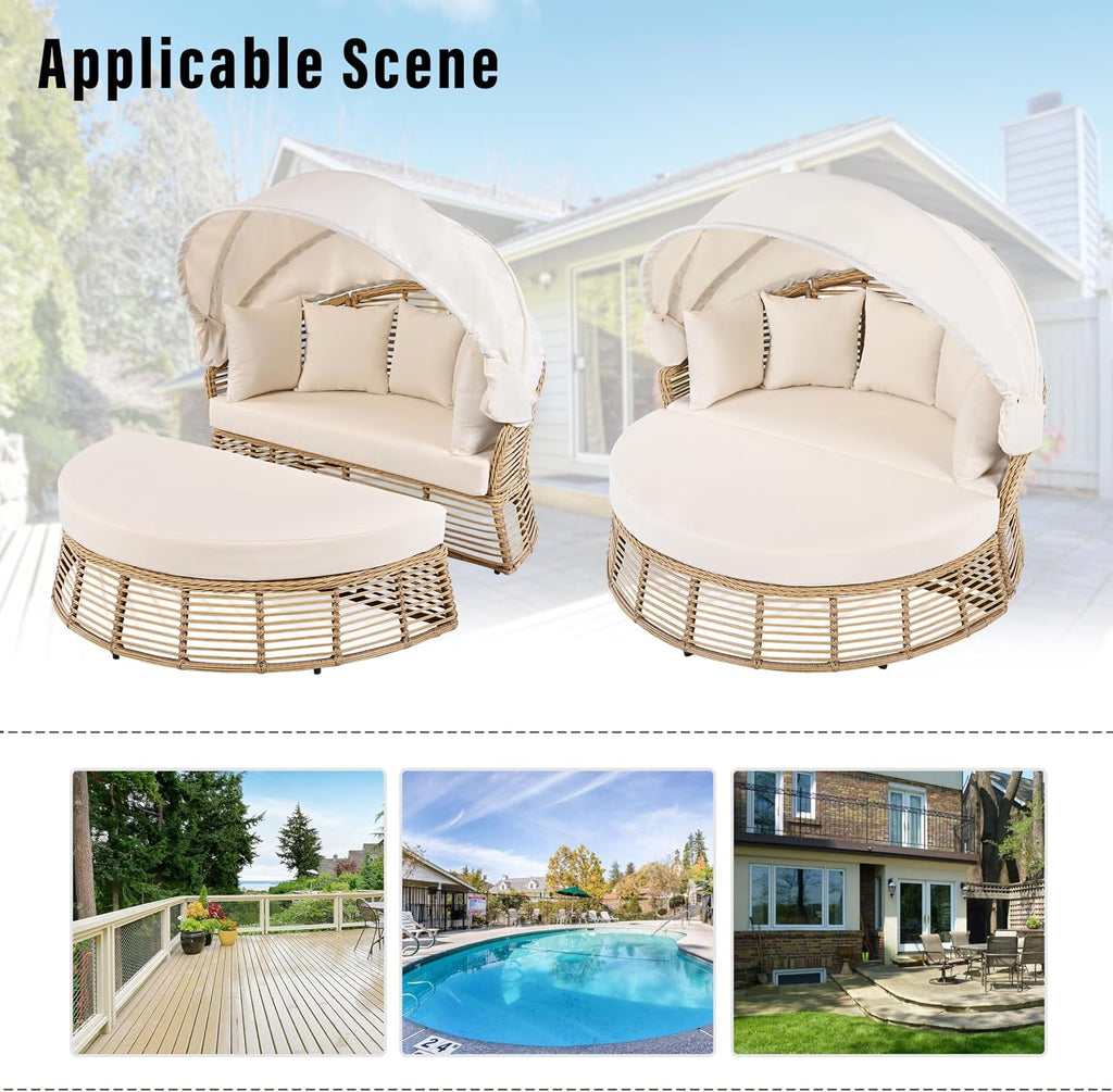 Outdoor Patio Round Daybed, Sun Bed with Adjustable Backrests and Foldable Cup Trays, Reclining Outdoor Lounger