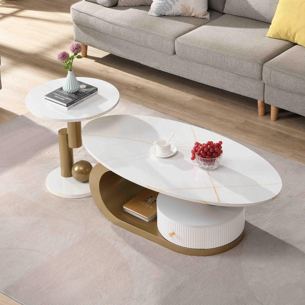 2 Piece Nesting Coffee Set, Oval Coffee with Storage Drawer, Small Round End Side, White Faux Marble Tabletop with