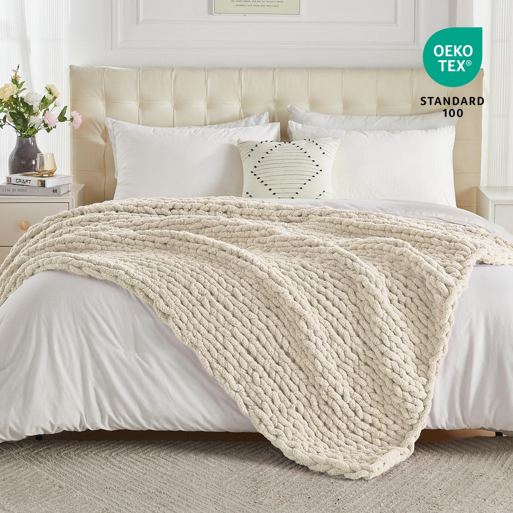 Chunky Knit Throw Blanket 60 x 80, 100% Hand Made, Light Beige