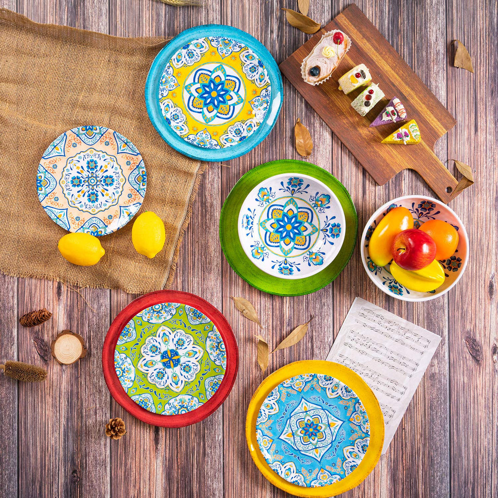 Melamine Dinnerware Set 12 Pcs Durable Dishware Colorful Plate Bowl Set Dishwasher Safe Shatter Proof Chip Resistant