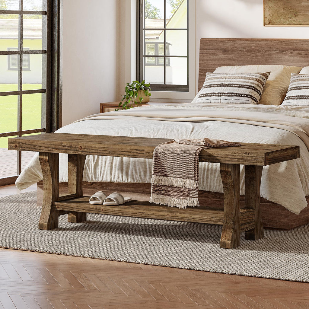 Solid Wood Storage Bench, Farmhouse Entryway Bench, Long Indoor Dining Seat, Easy Assembly, Dark Brown