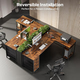 63 Inch L Shaped Desk with Fabric Drawers, Computer Office Desk with Power Outlets and USB-C Port