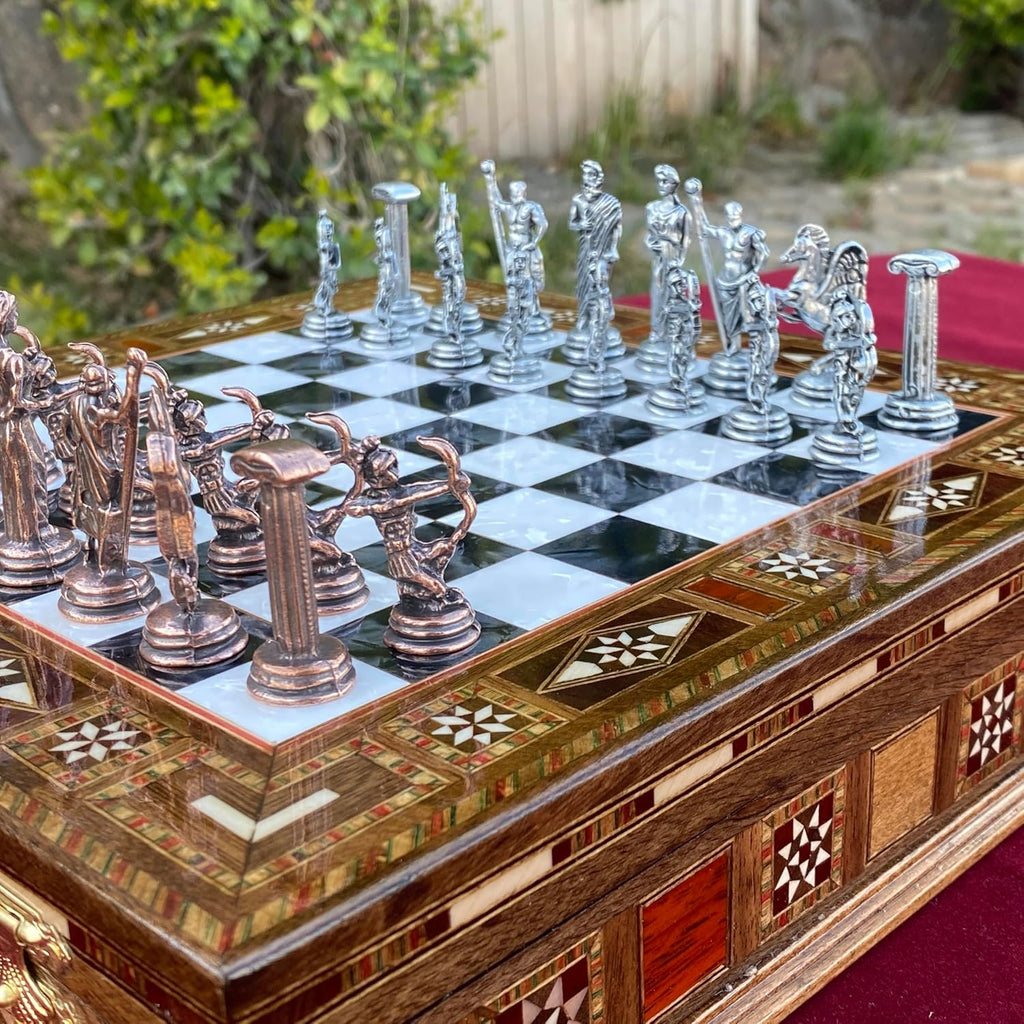 Luxury Greek Mythology Themed Chess Set- 12 inch Handmade Mosaic Chessboard with Storage- Ancient Greek Gods Inspired