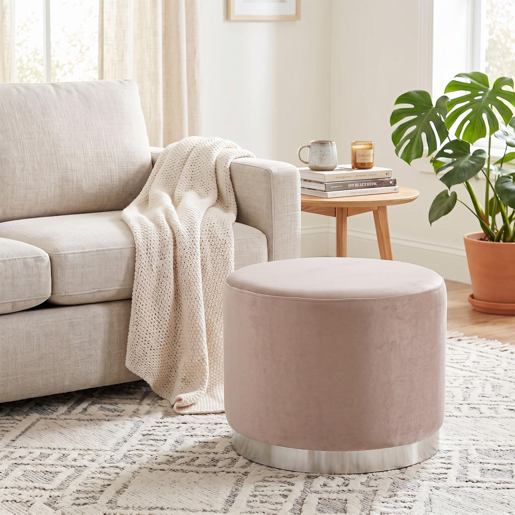Large Round Velvet Ottoman Pouf - Soft Padded Foot Rest with Silver Trim - Upholstered Foot Chair, Coffee Table