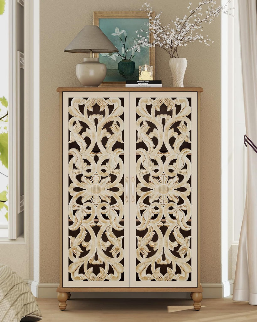 47" Tall Accent Cabinet with Carved Doors, White & Natural | Narrow Boho Farmhouse Sideboard with 3 Adjustable