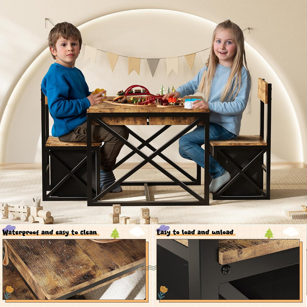 Kids Table and 2 Chairs Set, 4 in 1 Toddler Activity Table and Chairs Set with Storage, Children Desk and Chairs Set
