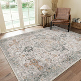 5x7 Washable Vintage Area Rug, Low Pile Non-Slip Chenille Carpet for Bedroom Dining Room Taupe Brown