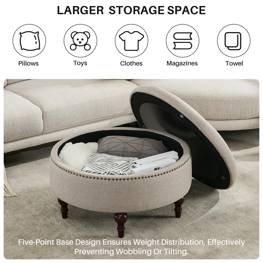 31.5"Large Round Storage Ottoman, Tufted Linen Ottoman Coffee Table