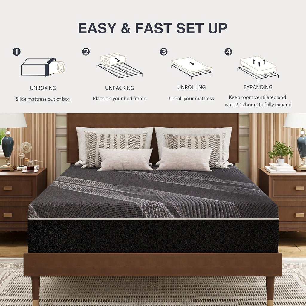 Queen Size Mattress 10 Inch Gel Memory Foam Medium | Cooling & Back Pain Relief, Fiberglass Free, CertiPUR-US