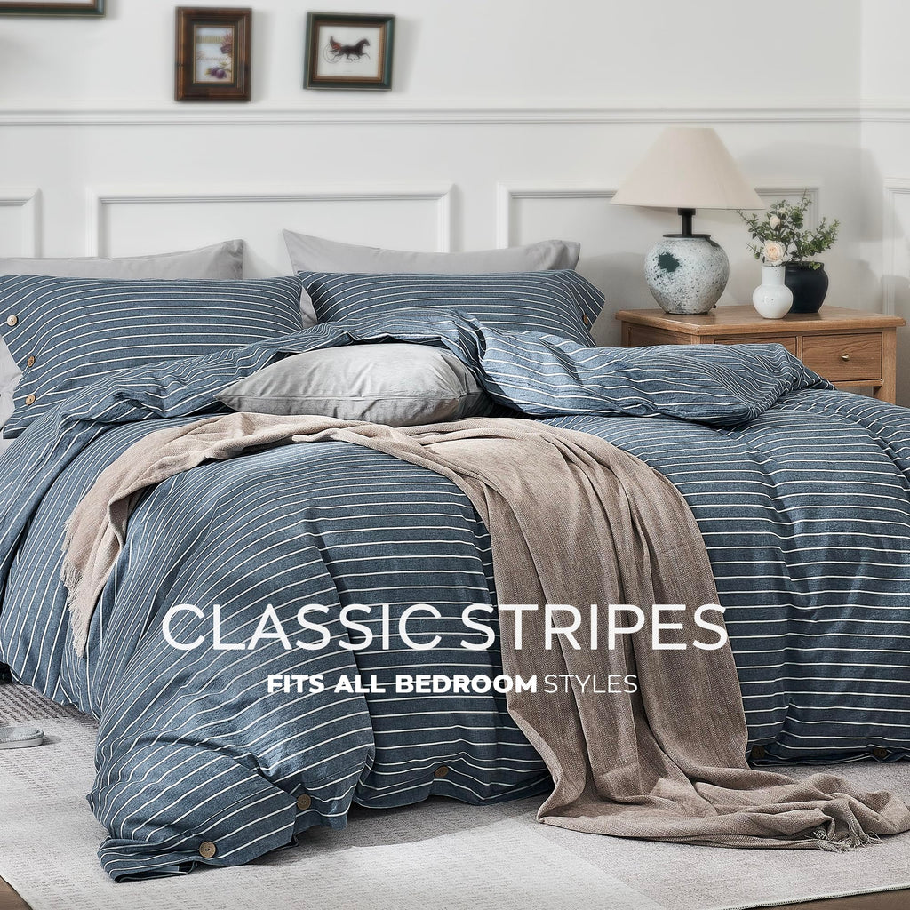 100% Washed Cotton Striped Duvet Cover Set, Linen-Like