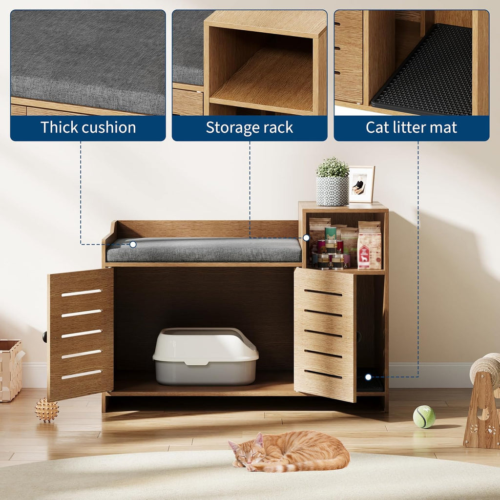 Cat Litter Box Enclosure, Hidden Litter Box Cabinet Furniture with Scratch Pad, Farmhouse Indoor Cats House