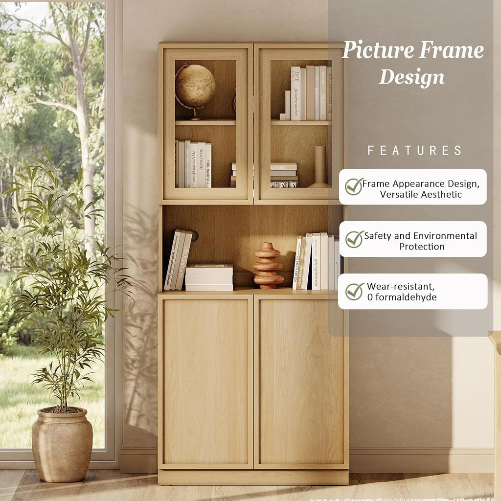 Modern 72" Tall Bookshelf with Glass Doors & Adjustable Shelves, Library Bookcase with Closed Storage Cabinet and