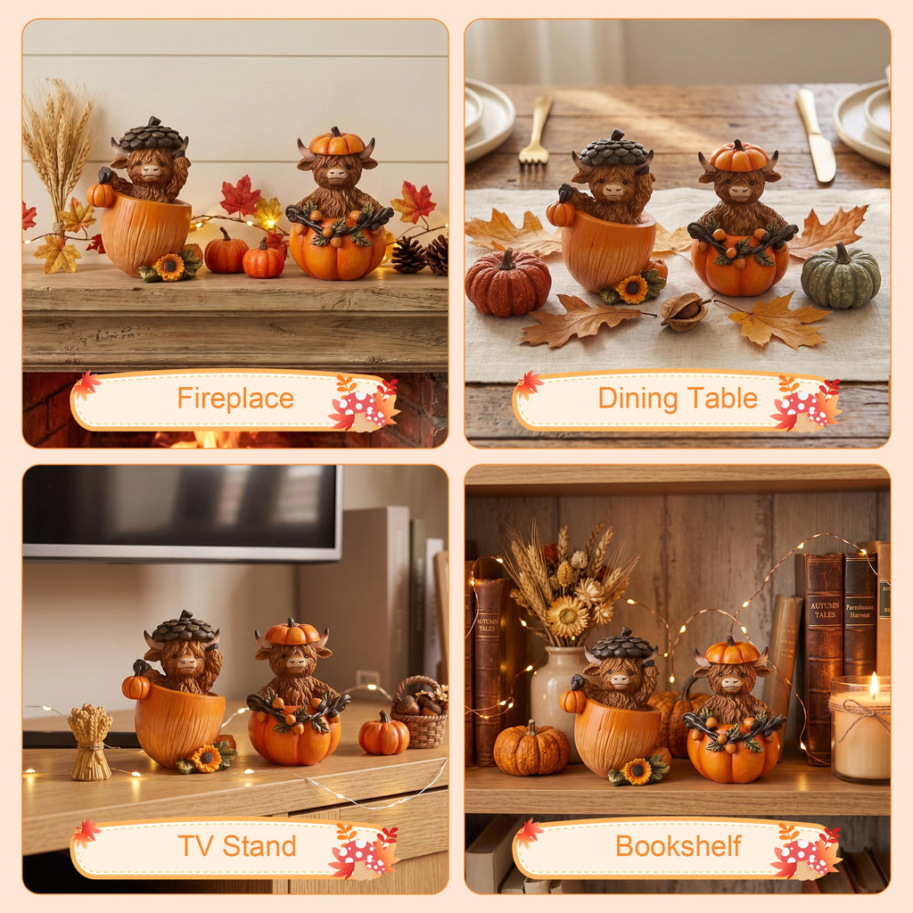 Fall Decorations, Highland Cow Pumpkins Statues Cute Figurines
