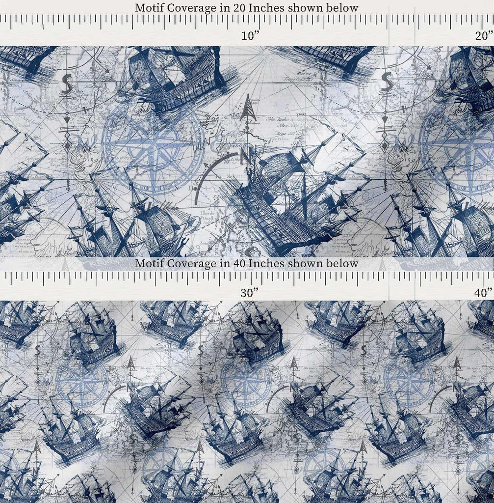 Cotton Poplin Blue Fabric - by The Yard - 56 Inch Wide - Ship & Direction Compass Nautical Fabric - Nautical