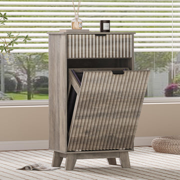 Tilt Out Laundry Hamper Cabinet with Storage and Drawer, 10 Gallon Fluted Hidden Trash Can Cabinet, Farmhouse Wood
