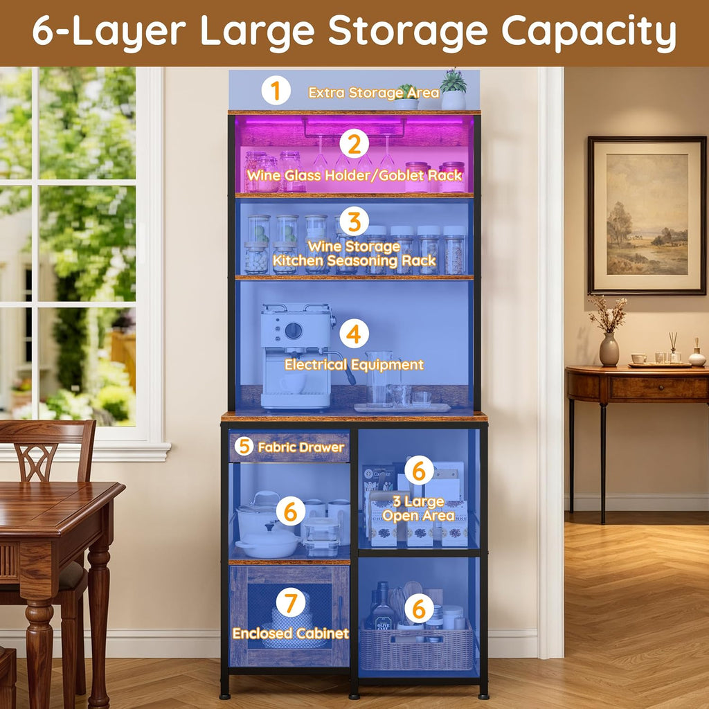 67.7" Tall Bar Cabinet with Power Outlets | Coffee Bar Cabinet, Glass Holder, Liquor Cabinets with LED Lights, Mini