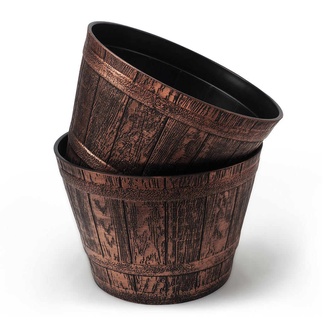 Large Whiskey Barrels Set of 2 Rustic Look (2 planters + 2 Matching Saucers) French Country Style Flowerpot Indoor