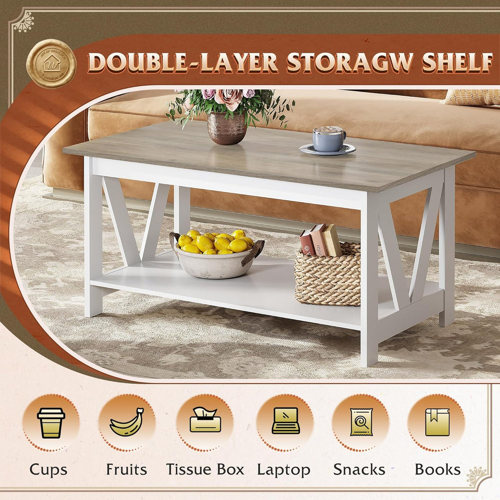 Coffee Table with Storage Shelf, 39.4" Farmhouse Coffee Table with V-Frame Support