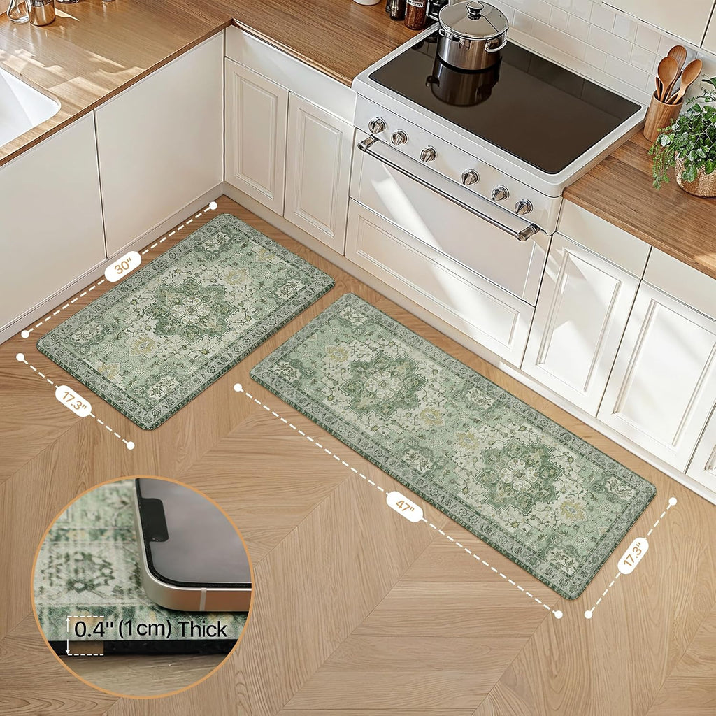 Anti Fatigue Kitchen Mats for Floor 2PCS, Cushioned Standing Mats | 17.3"x47"&17.3"x30", Light Green vintage boho rug