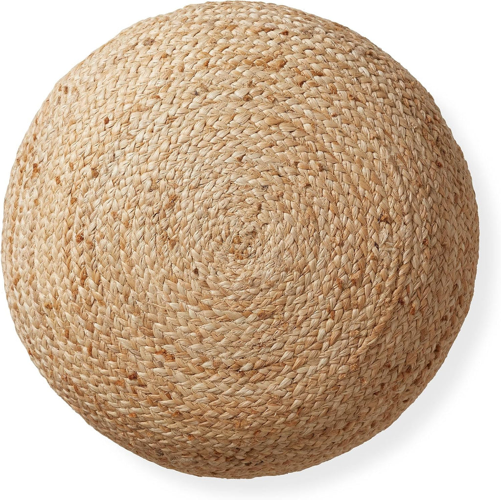 Hand-Braided Jute Pouf Ottoman Footrest, 19" W x 19" D x 10-1/2" H - Round, Natural Woven Boho Floor Cushion, Home