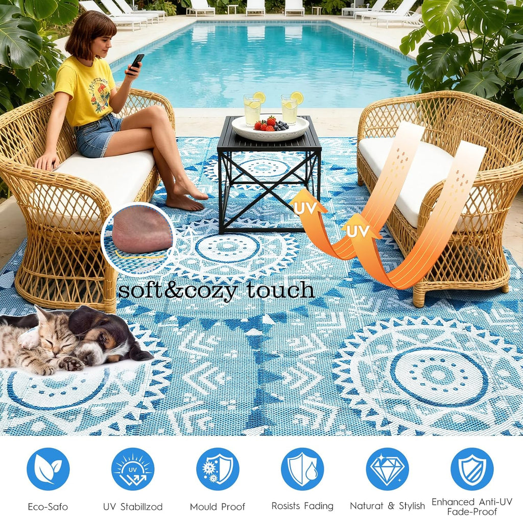 Outdoor Patio Rug - Waterproof Reversible Plastic Straw Mat, UV Resistant & Easy Clean, Foldable Camping Carpet