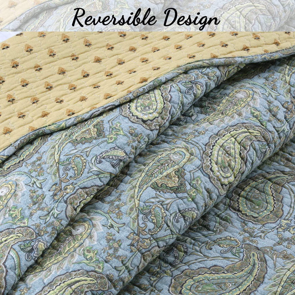 Heritage Country Cottage Classic 100% Cotton Reversible Quilt Bedding Set, Coverlet, Bedspread (Green Paisley