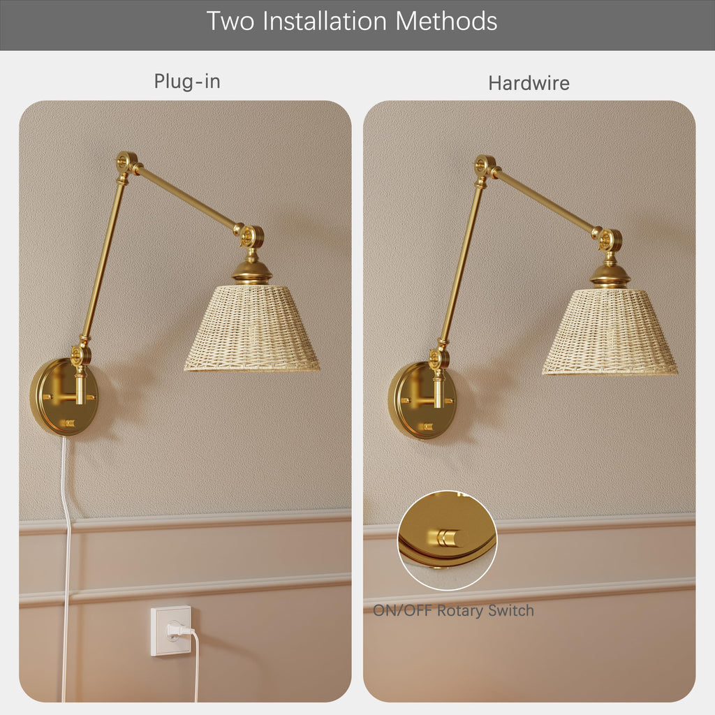 Plug in Wall Sconce, Gold Adjustable Swing Arm Wall Lamp, 1 Pack