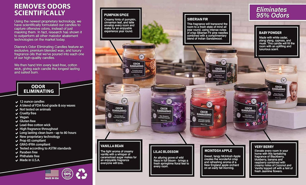 Vanilla Bean Odor Eliminating Highly Fragranced Candle - Eliminates 95% of Pet, Smoke, Food, and Other Smells Quickly - Set of 12