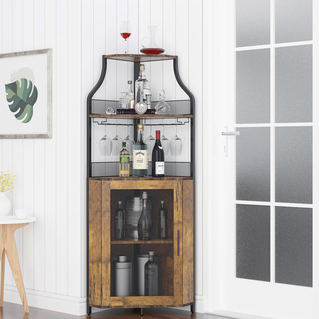 Corner Wine Cabinet, Wine and Glass Rack, Freestanding Liquor Cabinet Bar Cupboard with Storage Shelves (Rustic Brown)