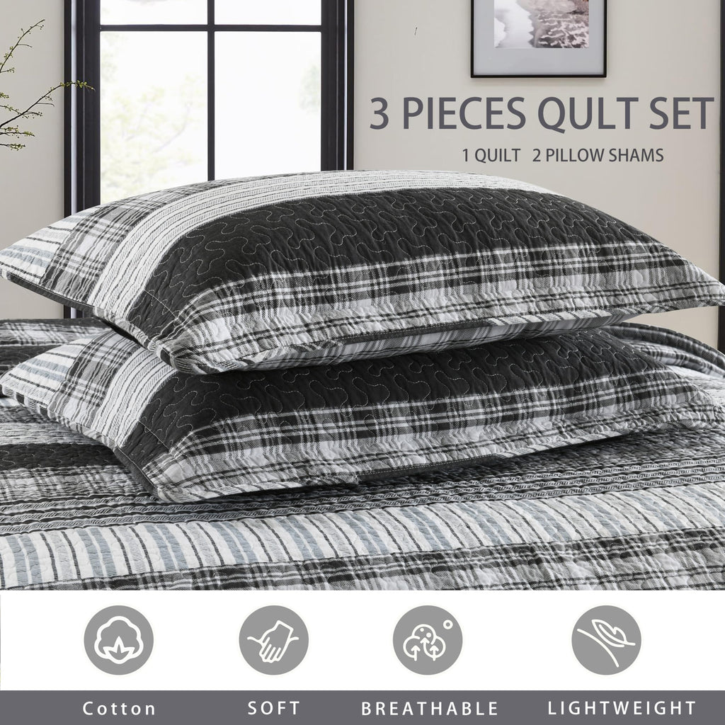 100% Cotton Quilt Set, 118'' x 106'' Oversized Bedspread Set with 2 Pillow Shams, Black Plaid Striped