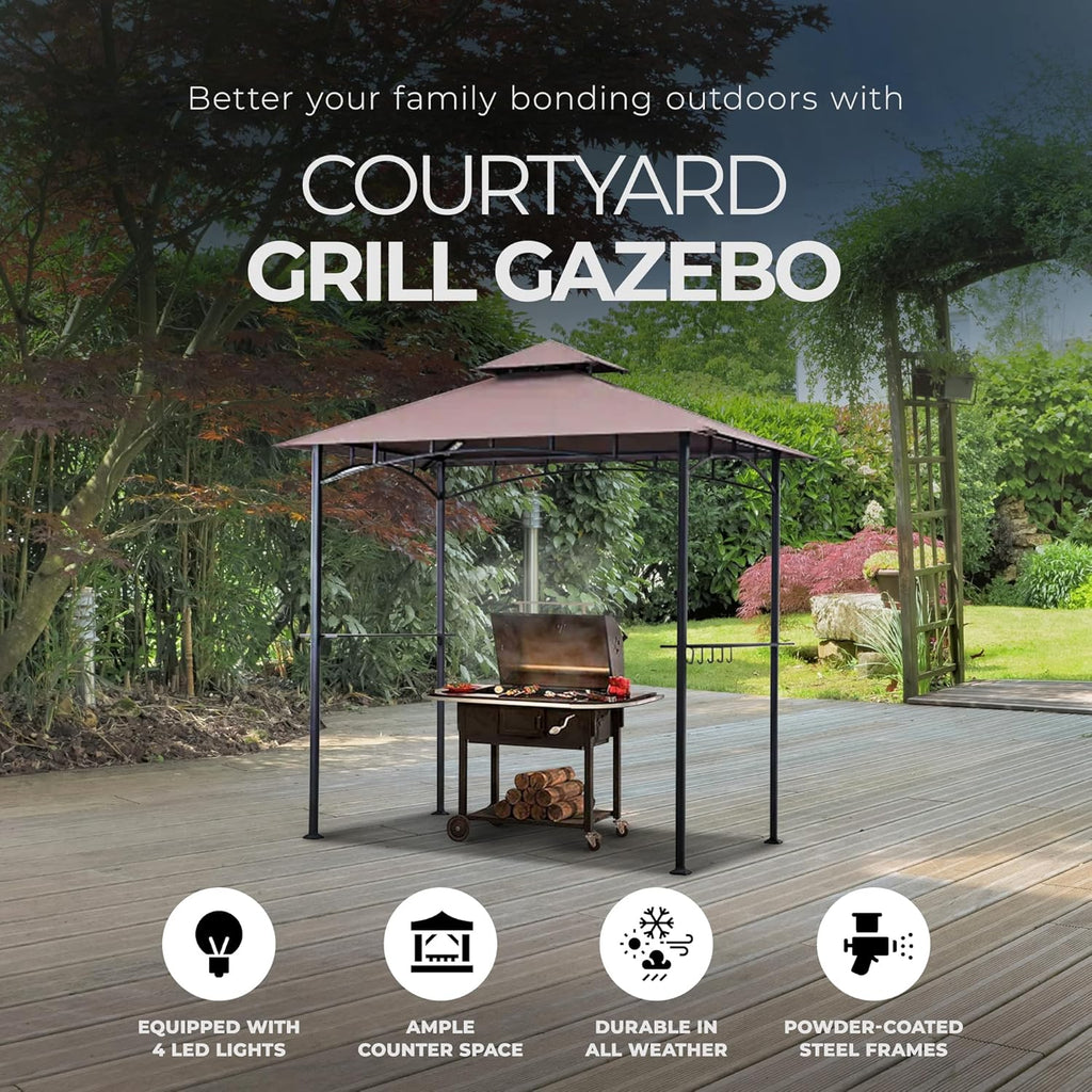 Four Seasons Courtyard BBQ Grill Gazebo with LED Lights, 2 Glass Shelves