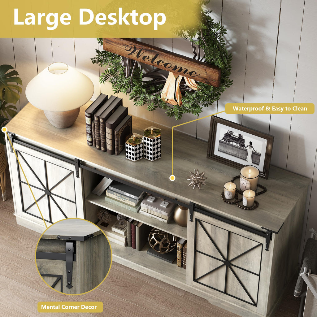 Farmhouse TV Stand for 65/60/55 Inch Tvs, Sliding Barn Doors, Grey