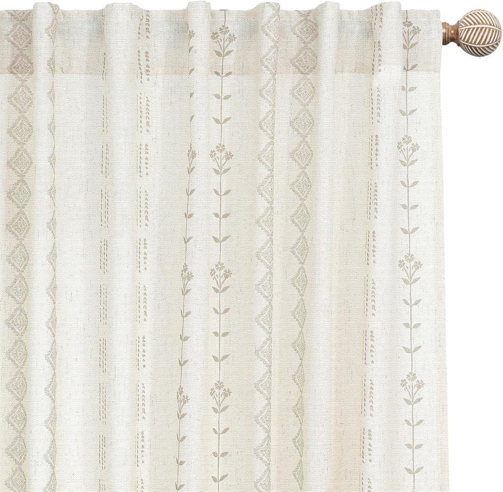 Linen Farmhouse Curtains, Neutral Taupe Cream Light Filtering Boho Sheer Floral Patterned Curtains for Dining Room