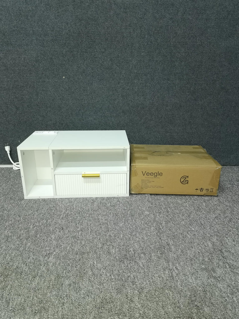 White Floating Nightstand with Charging Station and LED Lights, White