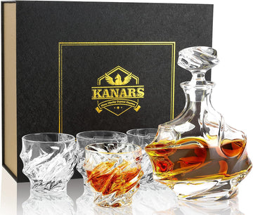 Whiskey Decanter Set - 25 Oz Crystal Liquor Decanter Carafe with 4 Rock Glasses 9 Oz For Bourbon, Scotch, Vodka, Rum - Set of 5