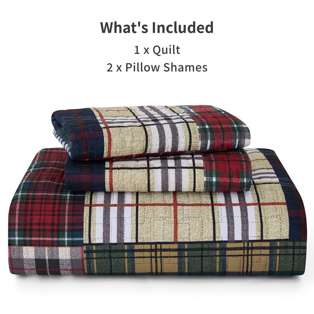 Patchwork Quilt Bedding Set, Plaid Lightweight Reversible Bedspread Coverlet, 3-Piece Bed Cover Quilt with 2