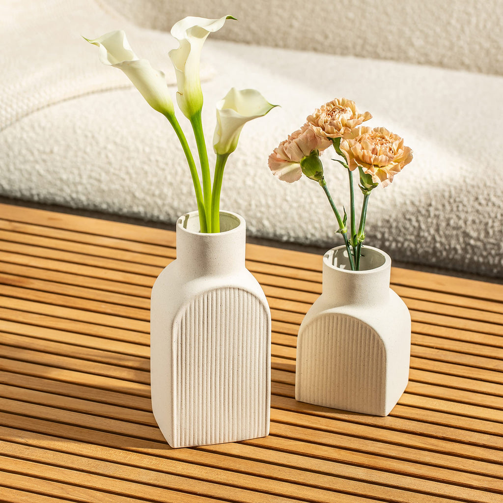 Ceramic Ribbed Vases - 2 Piece Set, Small and Large Vase, Bottle Flower Planter Set. Scandi Style Home Decor. Neutral