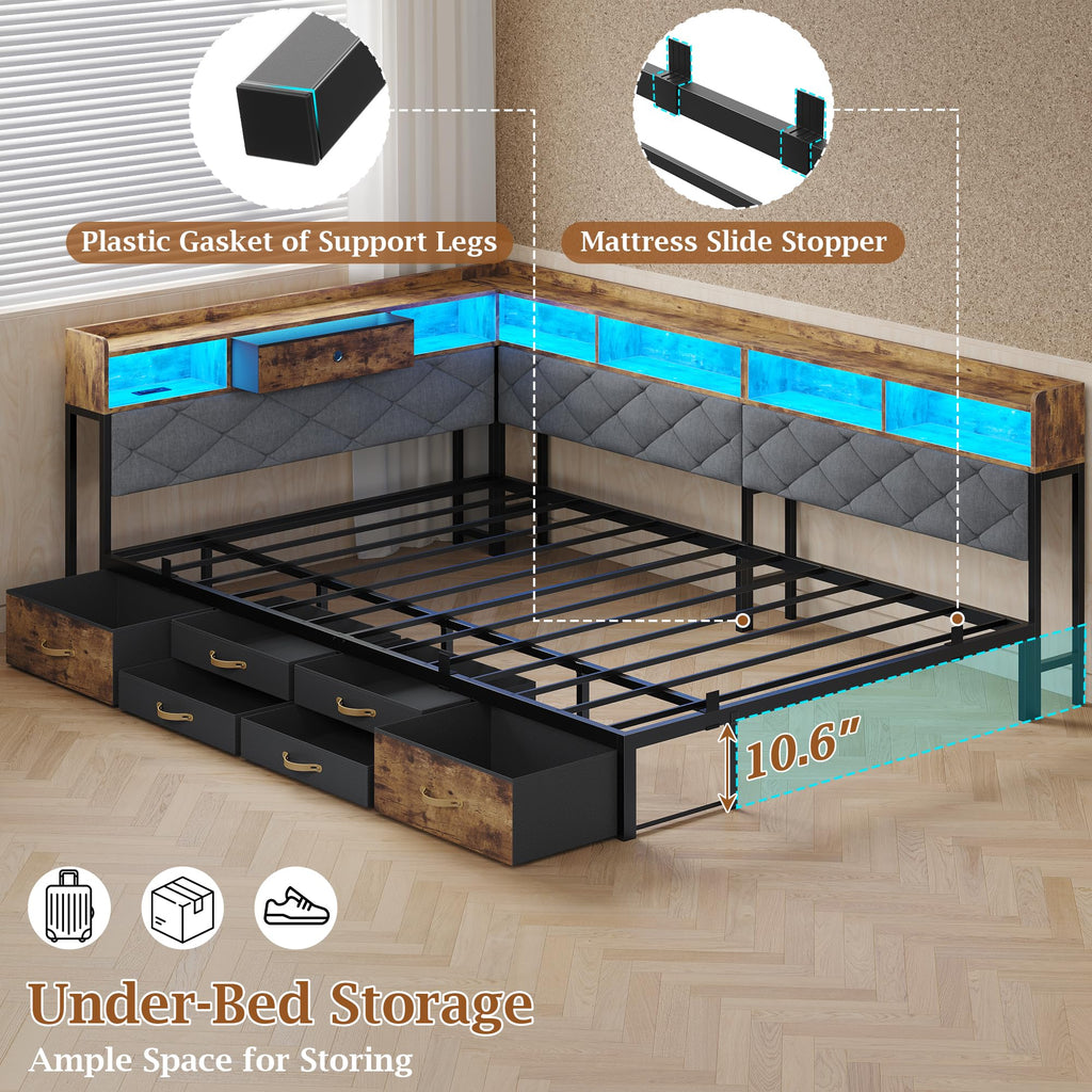 Corner Bed Frame with 7 Drawers, LED Lights, Rustic Brown