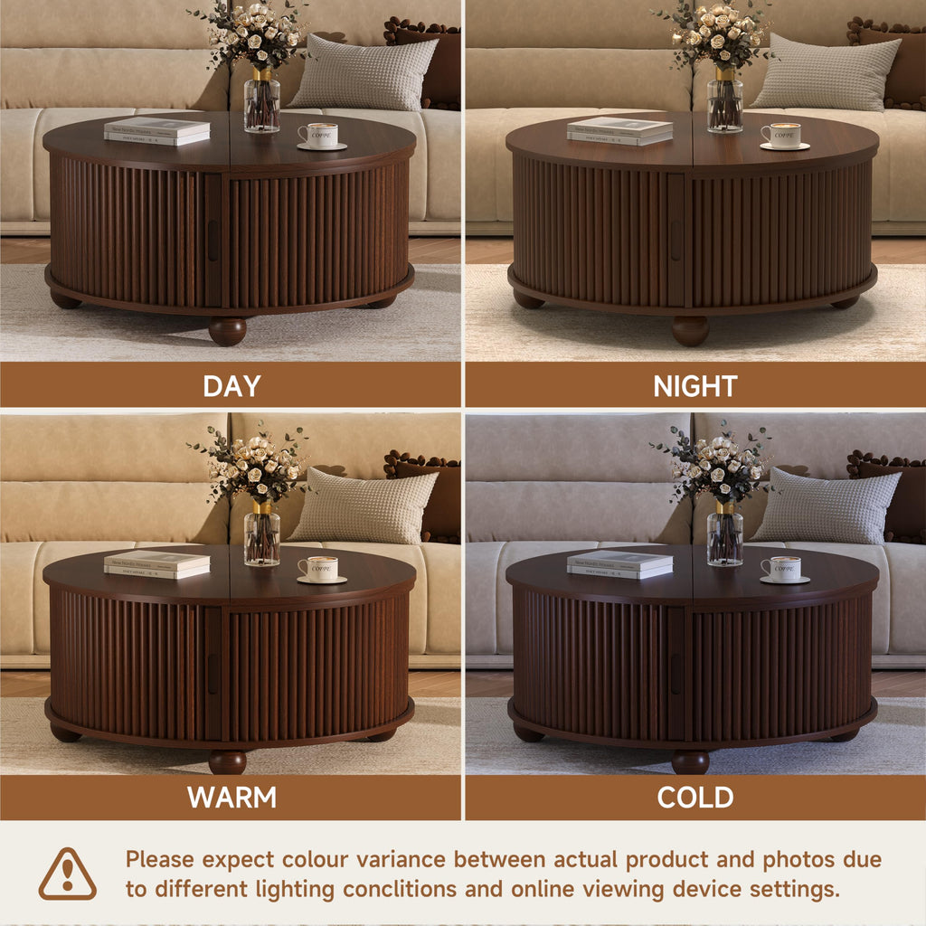 Fluted Round Coffee Tables, 31.5" Mid Century Modern Circle Drum Table with Storage, Accent Coffee Table with Sliding