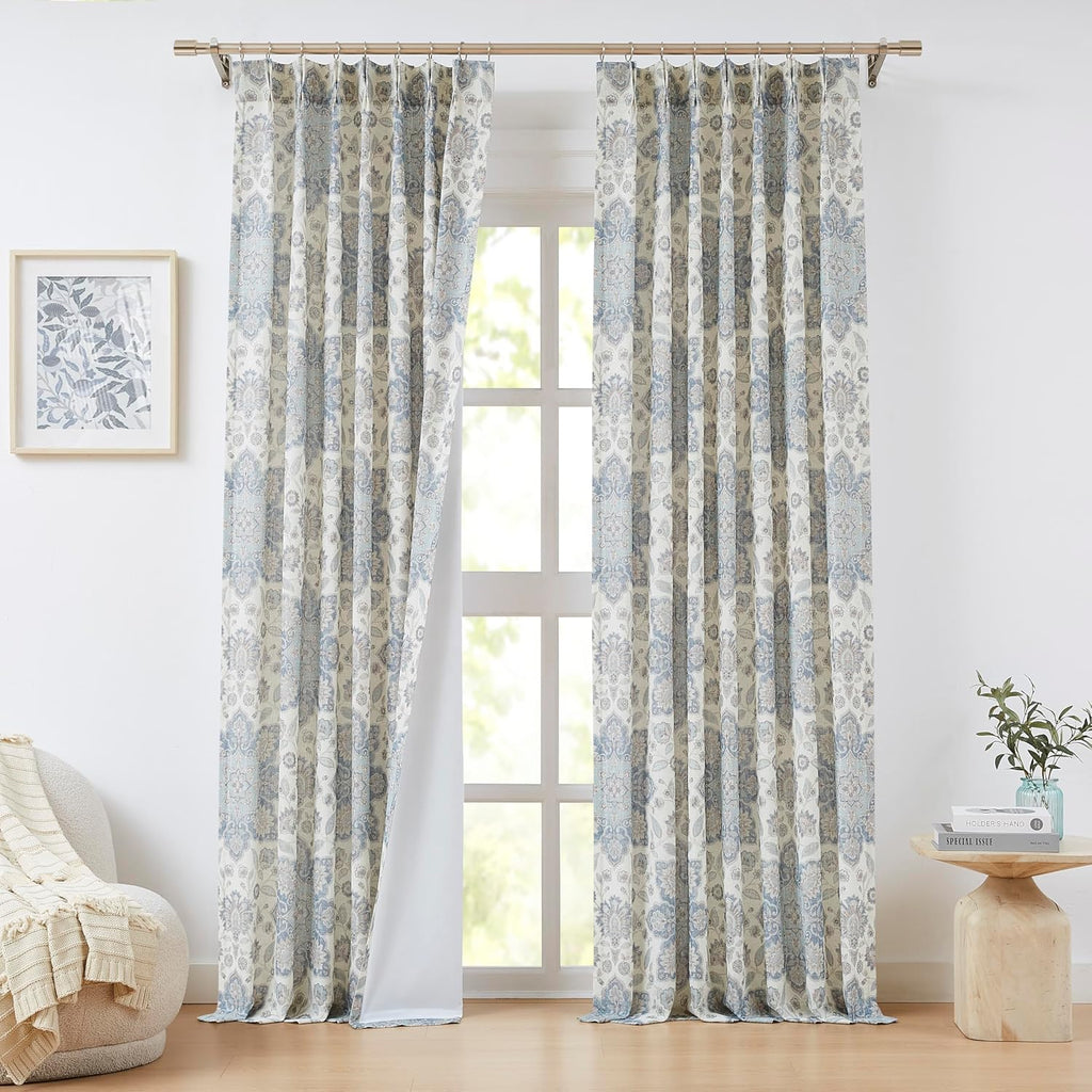 Navy Blue Floral Print Pinch Pleated Light Filtering Curtains with Microfiber Liner Linen Blended Textured Vintage