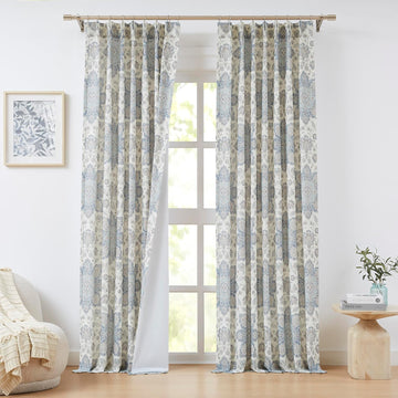 Navy Blue Floral Print Pinch Pleated Light Filtering Curtains with Microfiber Liner Linen Blended Textured Vintage